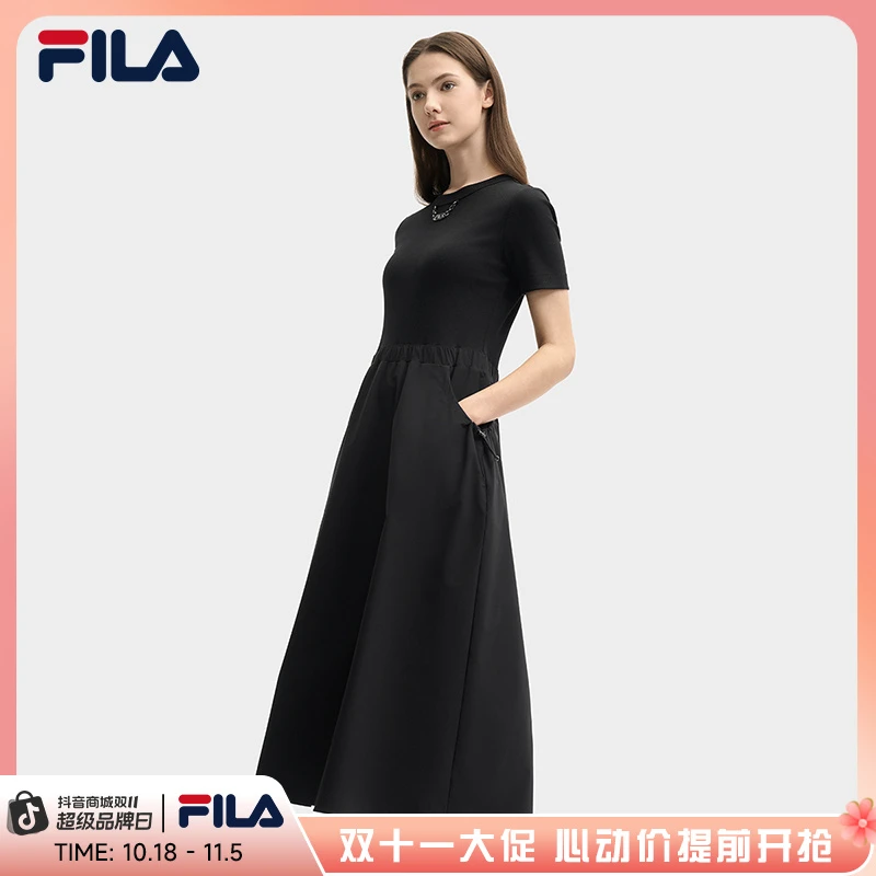 FILA斐乐气质长裙2025新款短袖连衣裙高级感裙子F11W525302F