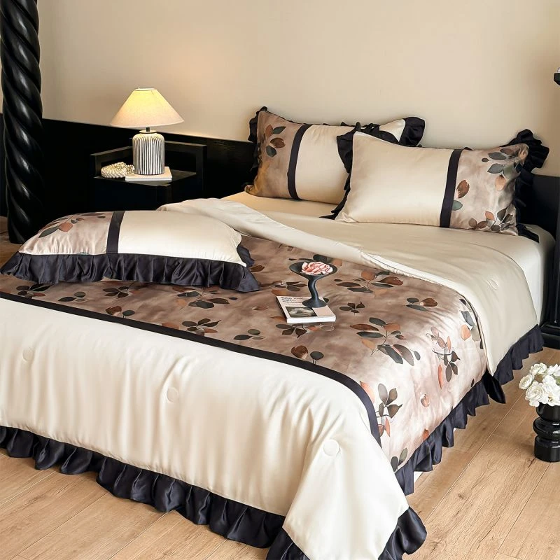 法式高档A类天丝荷叶边夏被四件套丝滑透气床单空调被可机洗被芯4