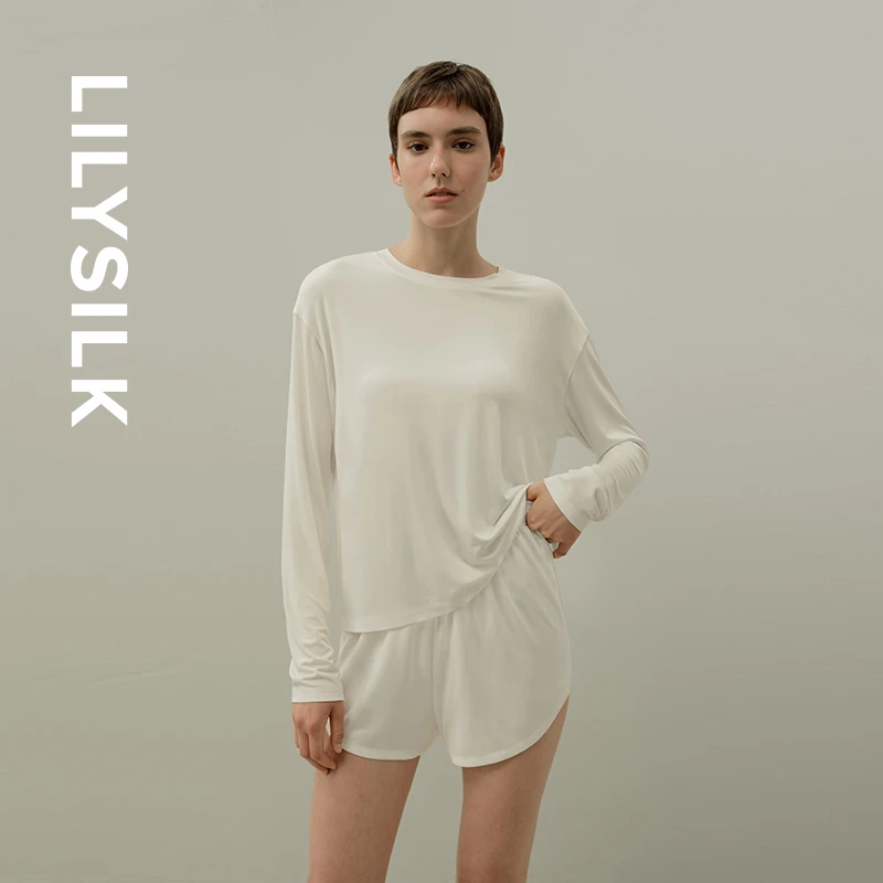 莉莉秀客【可机洗】春秋真丝混纺圆领宽松长袖基础休闲上衣LILYSILK