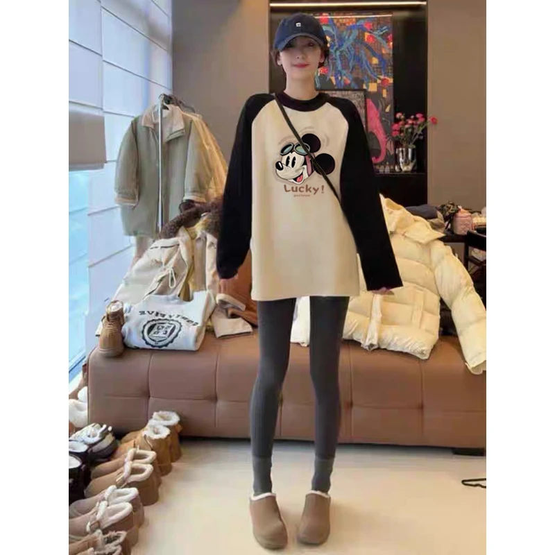 德绒磨毛保暖中长款遮屁股插肩拼接撞色长袖t恤女宽松打底衫秋冬