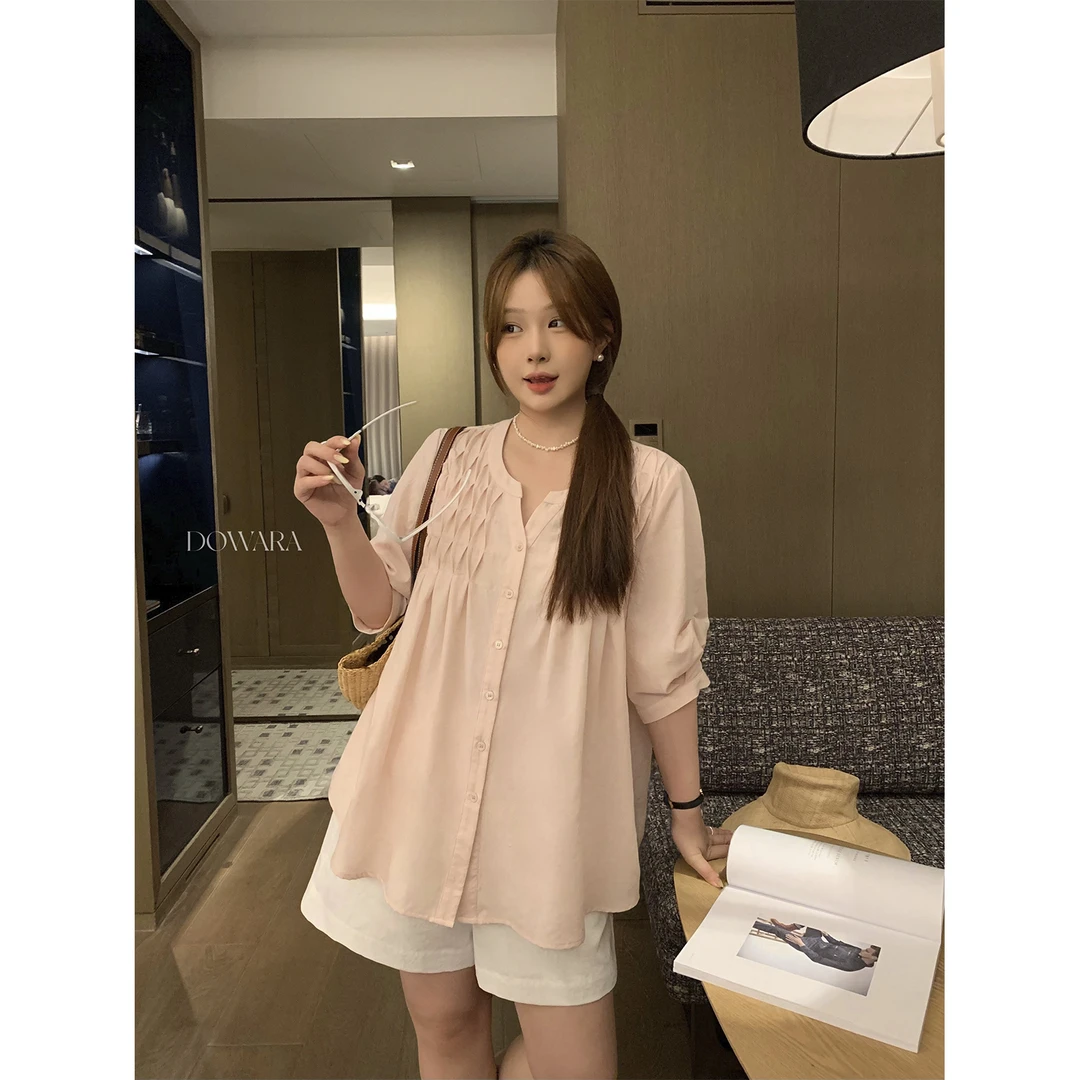 现货8827D大婉酱微胖定制【华伦褶】圆领泡泡袖上衣设计感小众衬衣