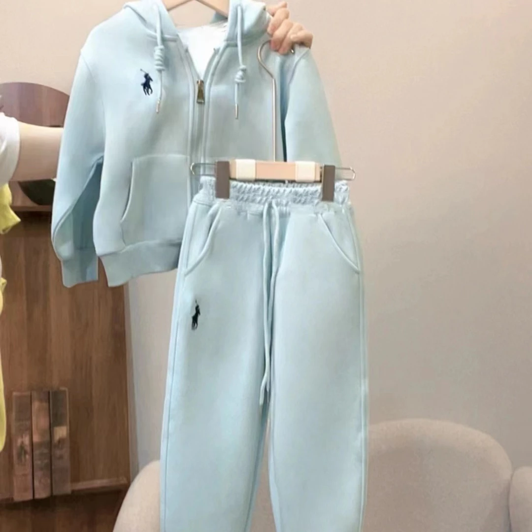 不加绒连帽套装男女童个性休闲立体绣花运动卫衣套装洋气时髦潮