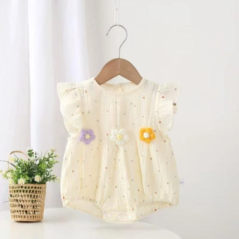 可爱风套头短袖夏季哈衣爬服女童包屁衣连体衣夏装纯棉波点包屁