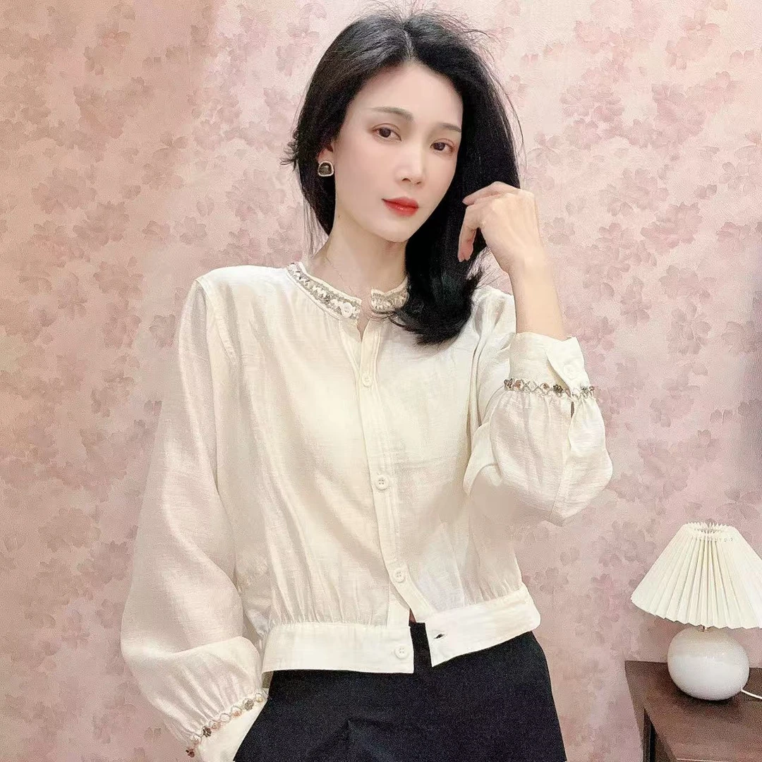 优雅风长袖衬衫女洋气外穿立领衬衣时尚上衣宽松百搭