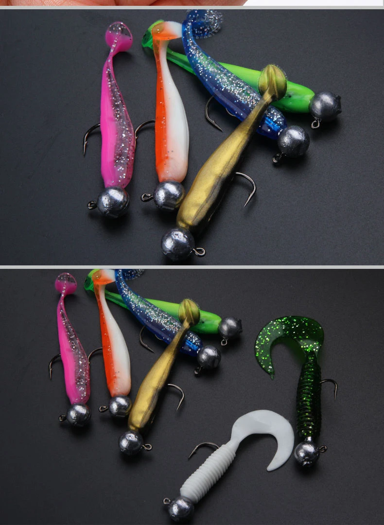 钓鱼假饵光面T尾套装  大小克重不等5条+饵盒