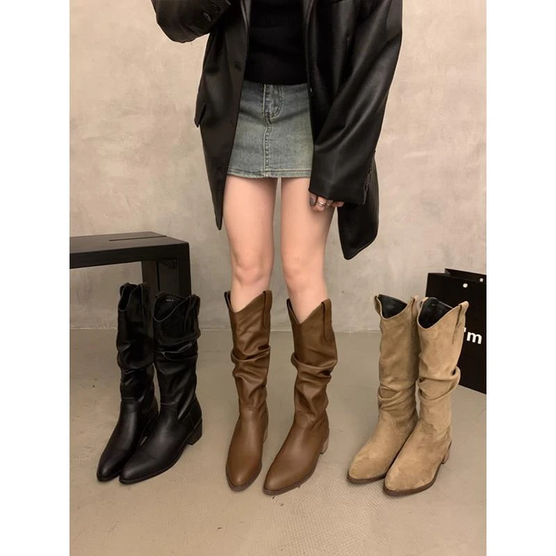 【香港轻奢Sakurano&樱央】粗跟褶皱堆堆长筒骑行靴女鞋2025年新款