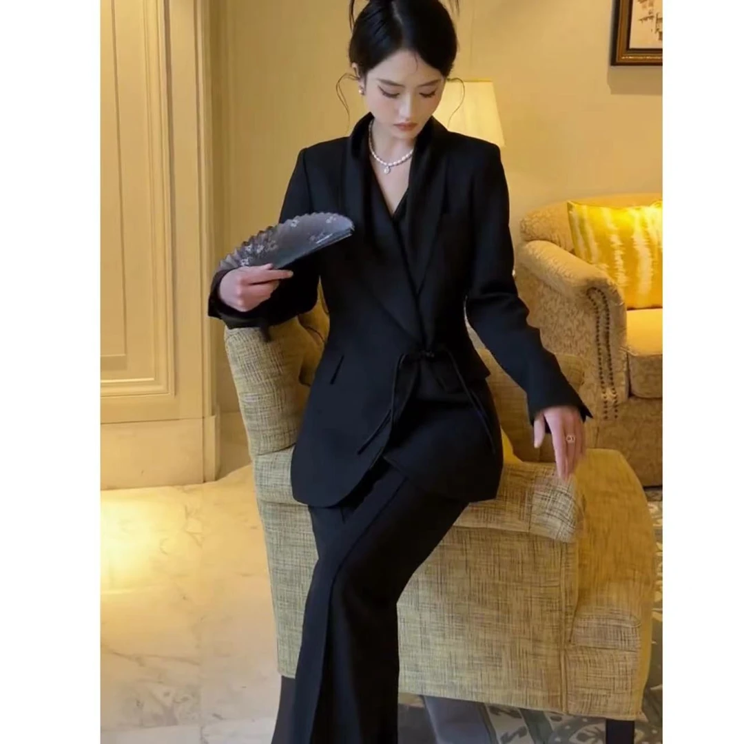 2025春季新款国风西装套装女高级醋酸西服外套微喇裤两件套女正装
