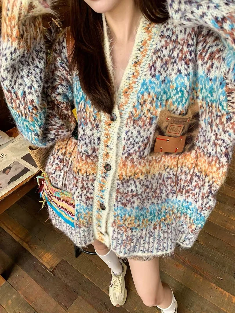 【丂枧家走秀款】女慵懒风针织拼色开衫款毛针织衫针织衫宽松时尚