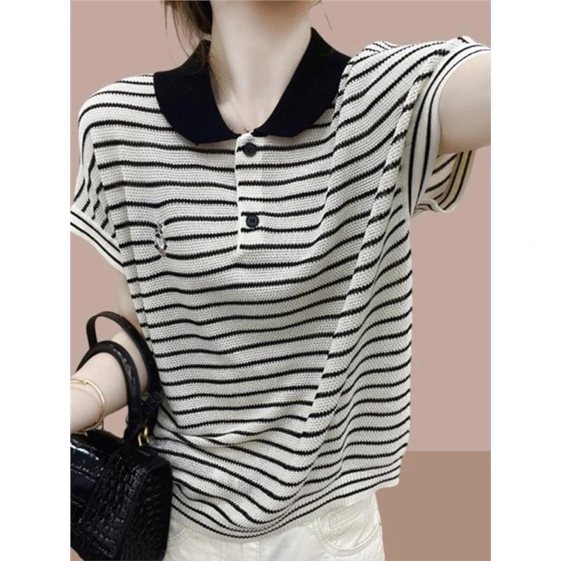 今年流行冰丝条纹短袖t恤女夏季小兔刺绣撞色纽扣polo领针织衫薄