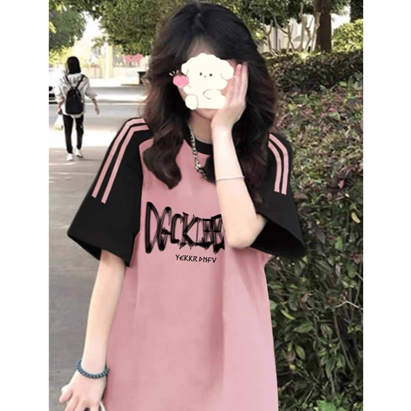 ins潮三条杠短袖t恤女大童夏季薄款初中高中学生宽松纯棉上衣