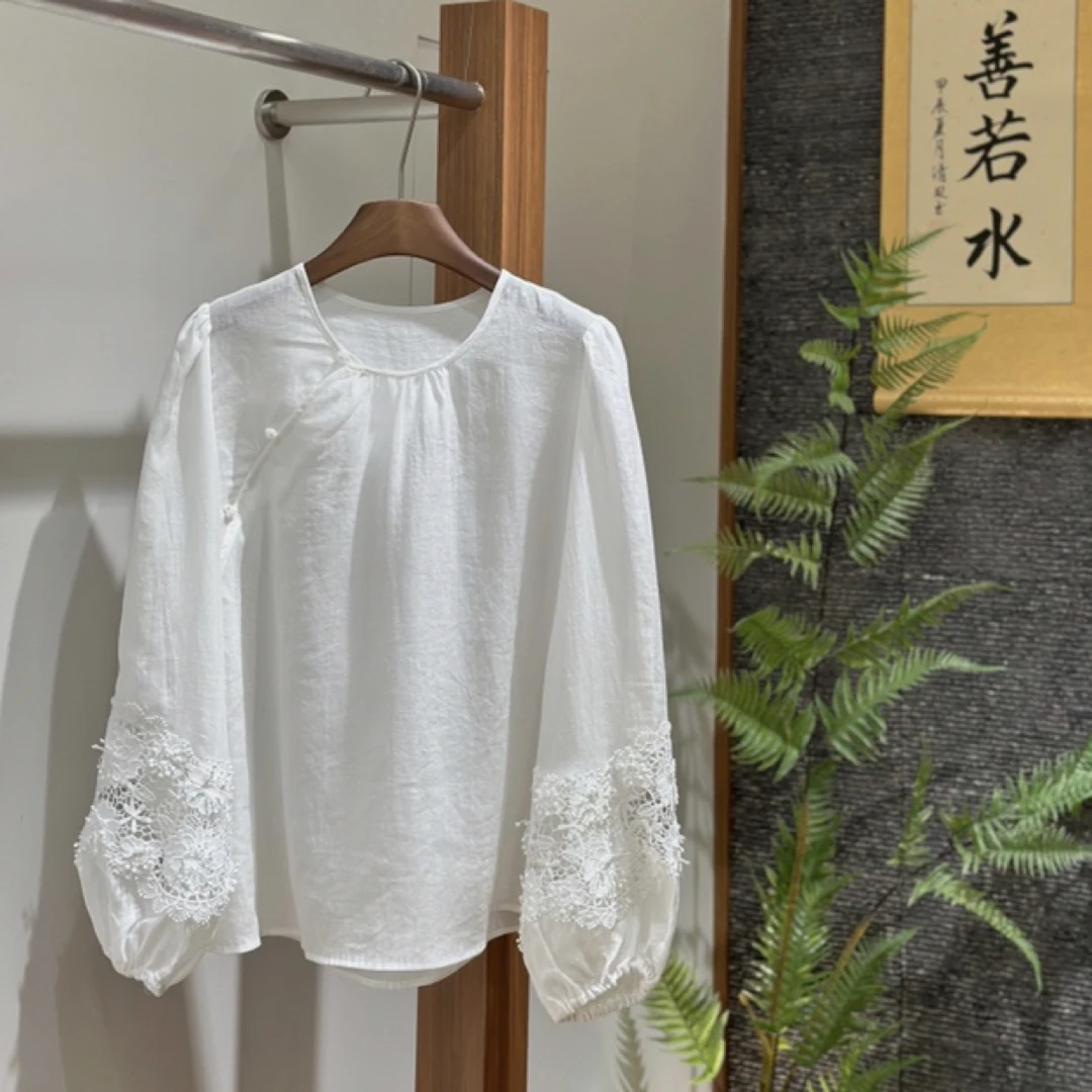 秋中国风仙气灯笼袖斜门襟上衣全亚麻