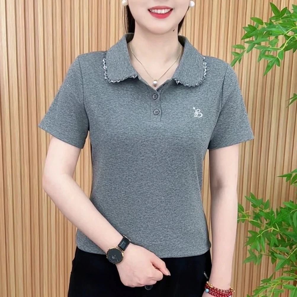 夏季新款短袖T恤翻领女士上衣减龄洋气百搭休闲时尚花边妈妈装