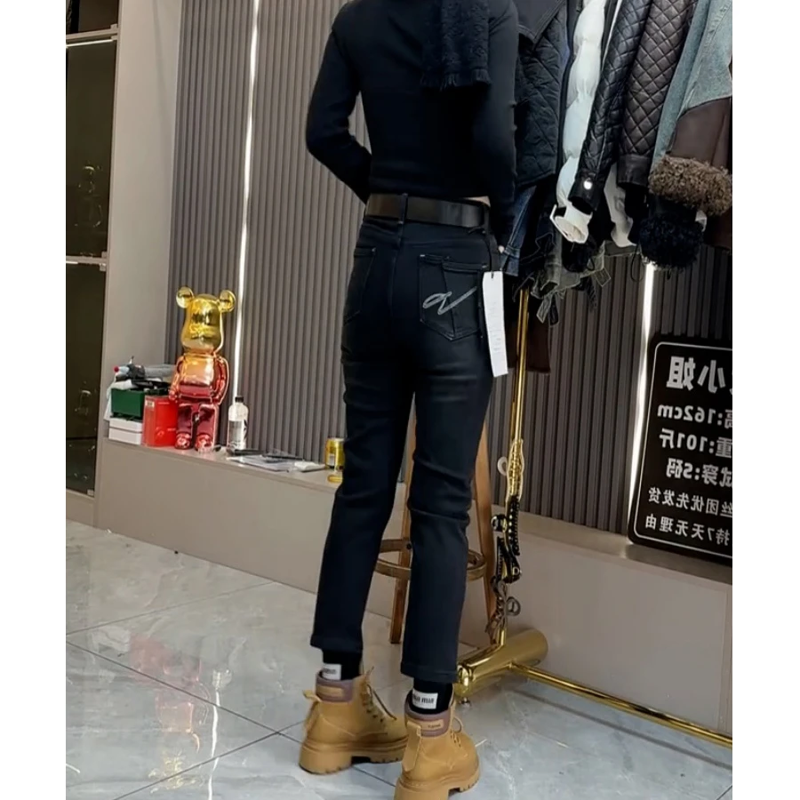 2025秋季新款大码黑灰色高腰弹力直筒牛仔裤女胖mm显瘦九分烟管裤