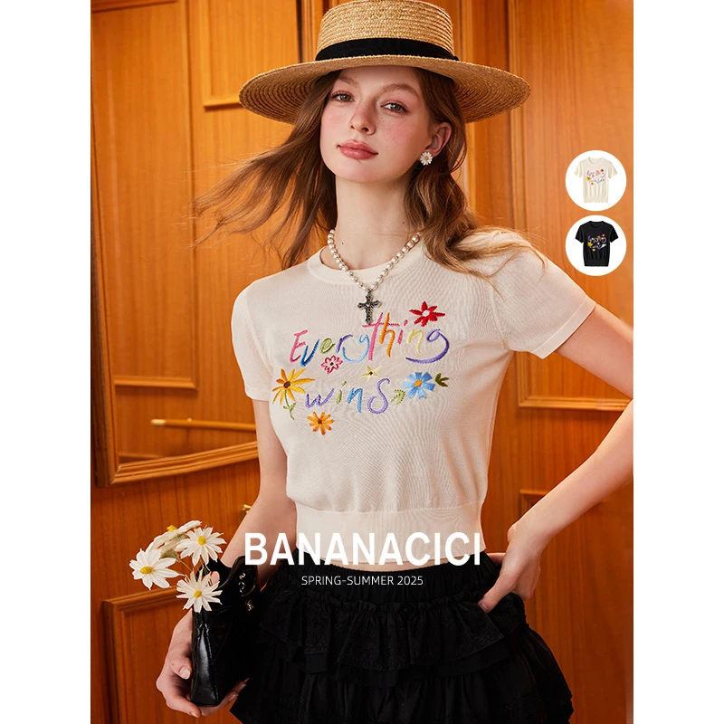BANANA CICI2025年夏季新款原创胜利花刺绣100%莱赛尔针织衫T恤