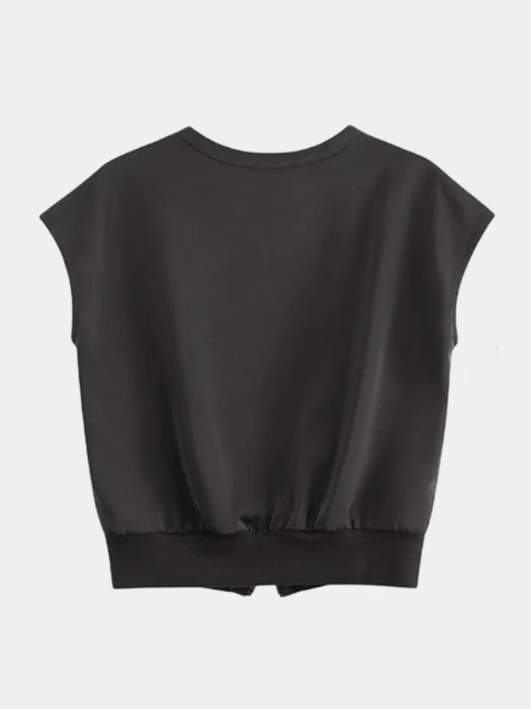 25年夏季新款剪刀领纯色高级感下摆拉链落肩袖无袖上衣L4567