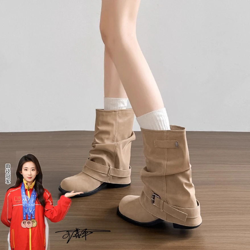 内增高西部牛仔堆堆靴女2025秋季新款褶皱裤管短靴复古骑士马丁靴