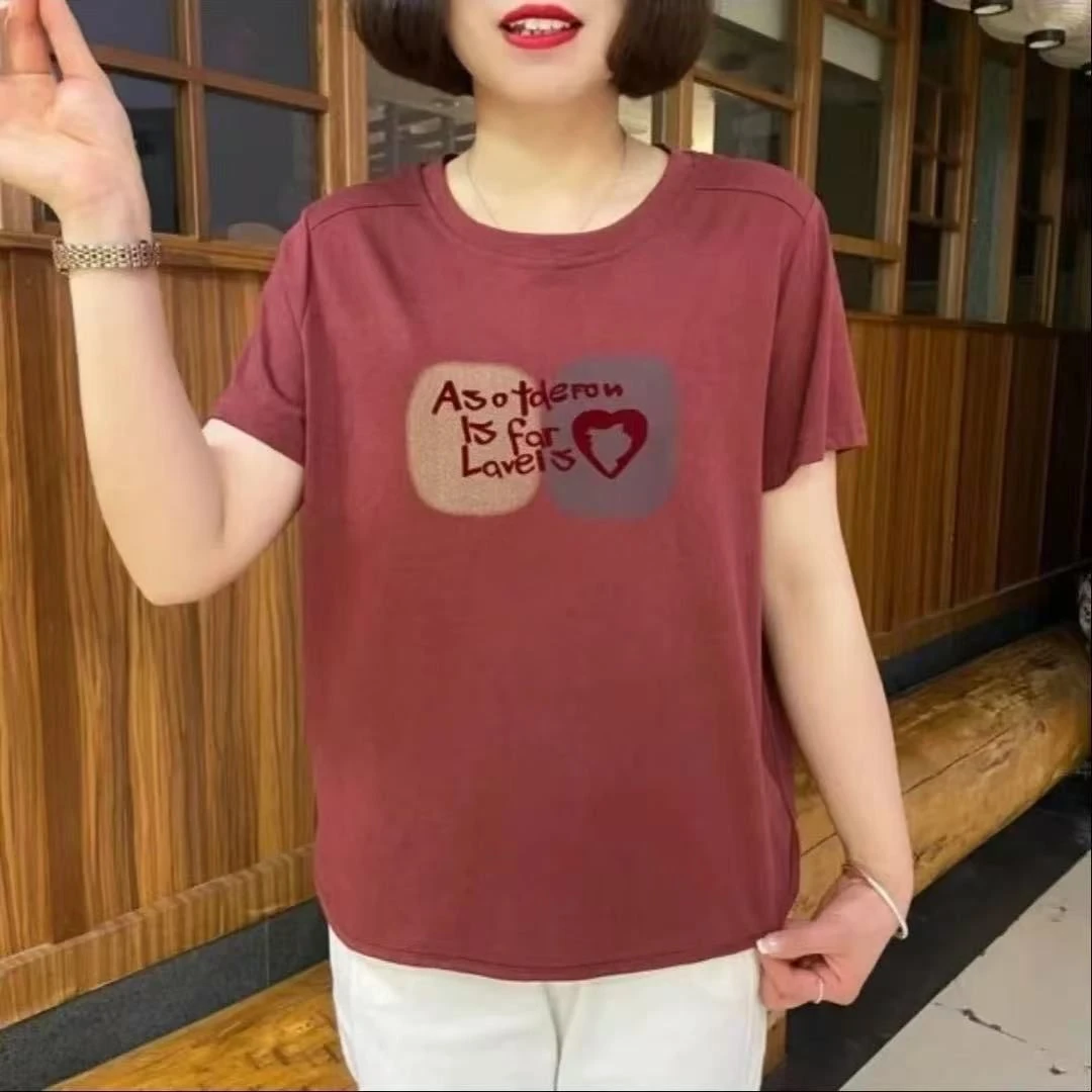 夏季新款T恤字母宽松大码纯色上衣D时尚休闲女装圆领显瘦妈妈短袖
