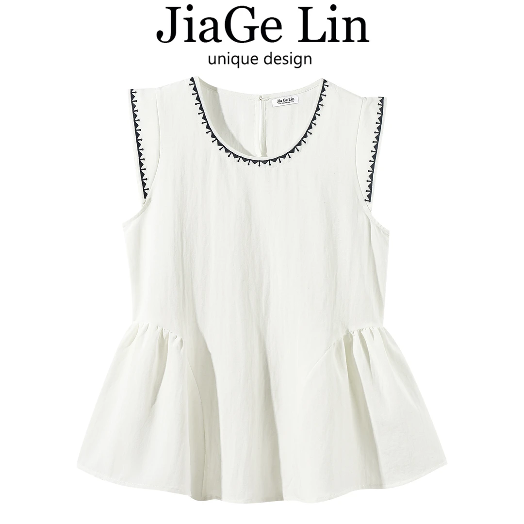 JiaGeLin韩系甜美减龄圆领无袖背心衬衫别致娃娃衫女娃娃领衬衫