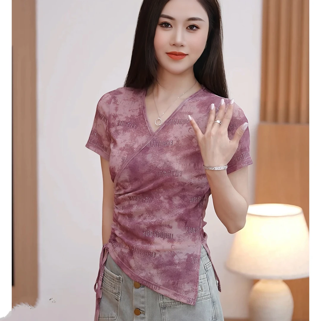 不规则设计抽绳短袖T恤女2025夏季新款V领洋气时尚修身显瘦上衣潮