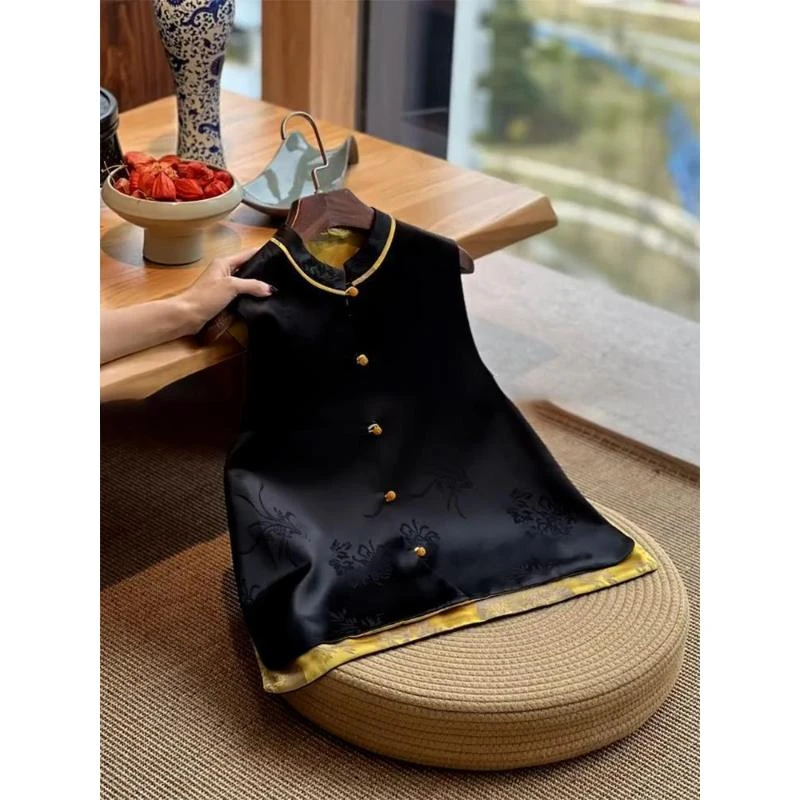 黑色国风宋锦马甲女款2025新款早秋小个子流行漂亮绝美马夹上衣潮