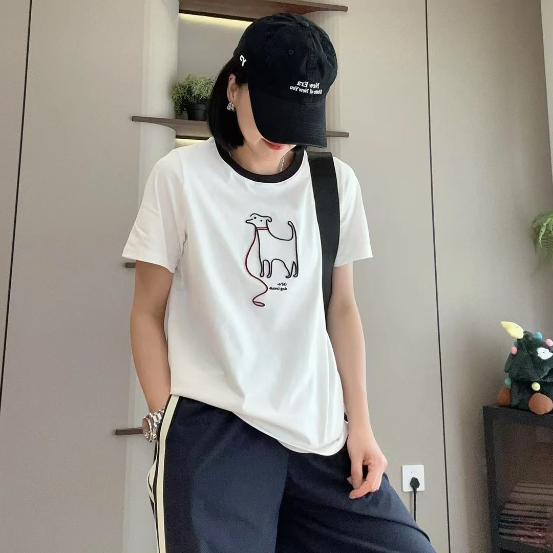 春夏红绳小狗立体绣撞色领爽滑棉短袖T恤5-4-6