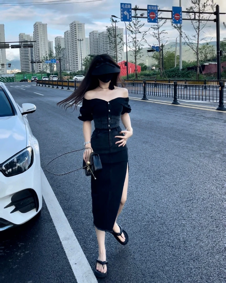 高品质渐变水洗微弹力牛仔套装洋气