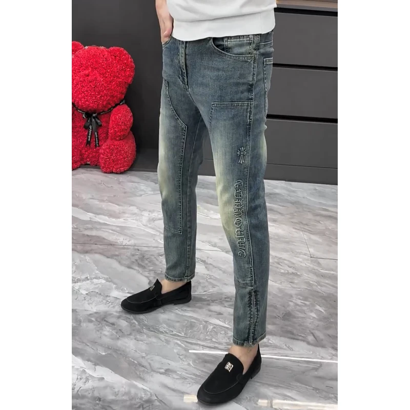 88613新款男士牛仔裤韩版修身小脚裤裤脚拉链弹力刺绣水洗休闲裤s