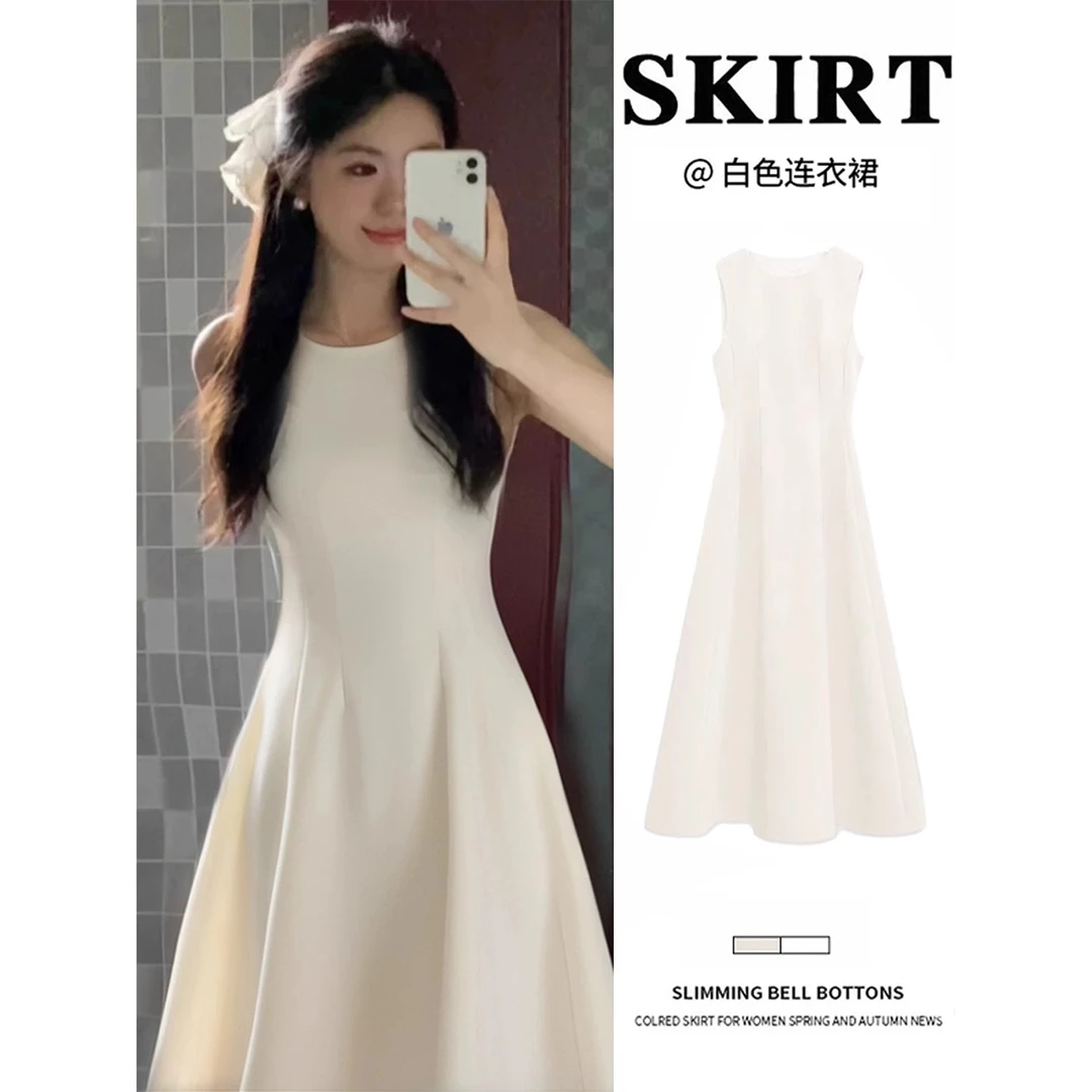 白色无袖连衣裙女夏初恋系白月光掐腰小白裙子长款江浙沪千金穿搭