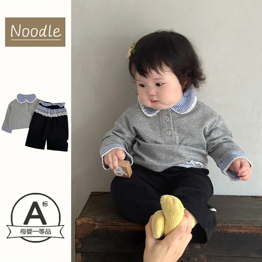 宝宝秋装2025新款女童韩系格子翻领假两件卫衣直筒裤套装婴儿衣服