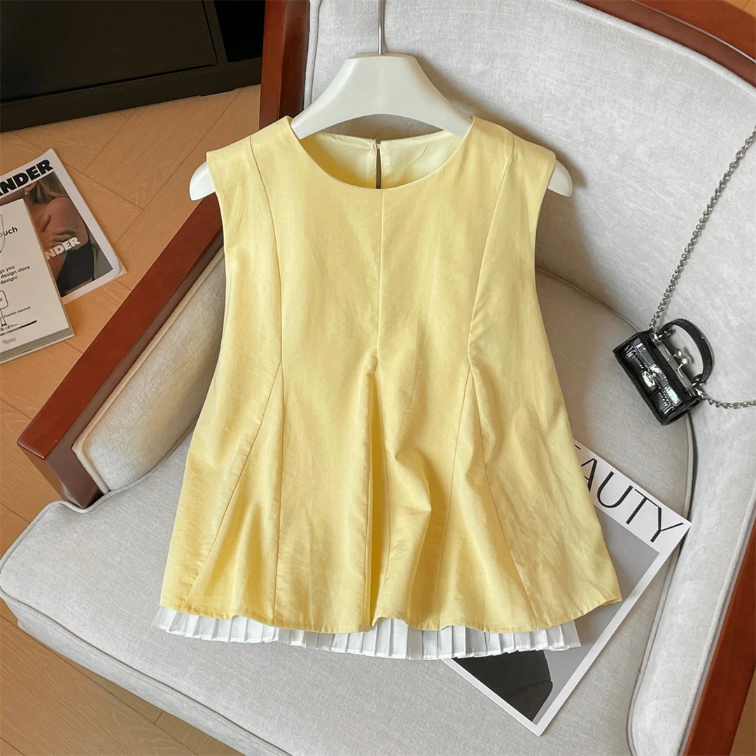 韩系减龄显瘦无袖娃娃衫上衣女装2025夏季宽松百搭褶皱假两件衬衫