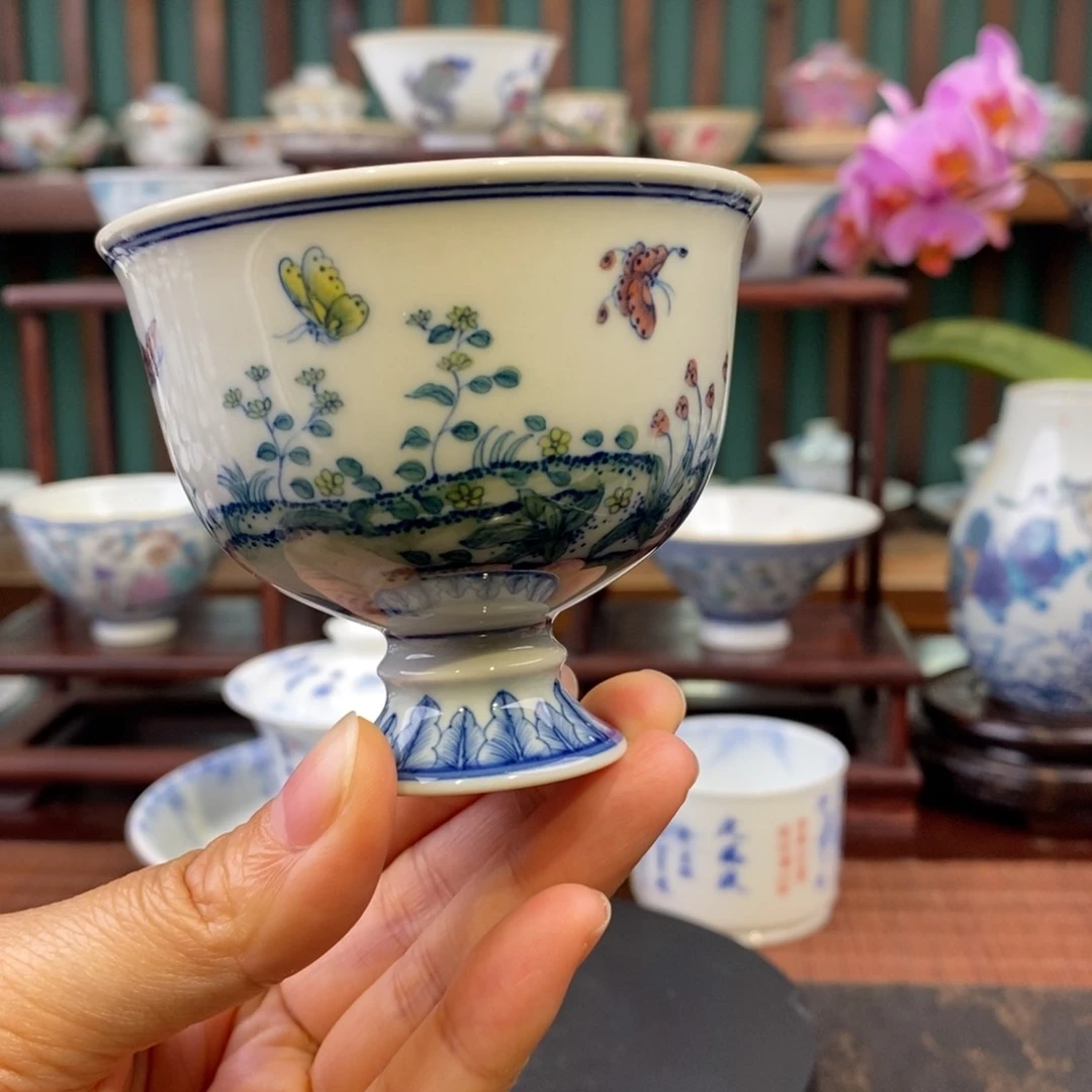 手工陶瓷柴窑釉下五彩蝶恋花高脚杯