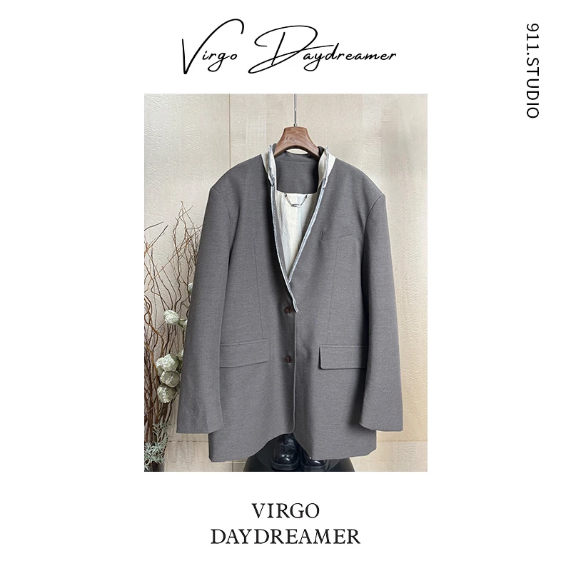 [Daydreamer.911] V领中长款常规法式长袖翻领西装显瘦宽松17921