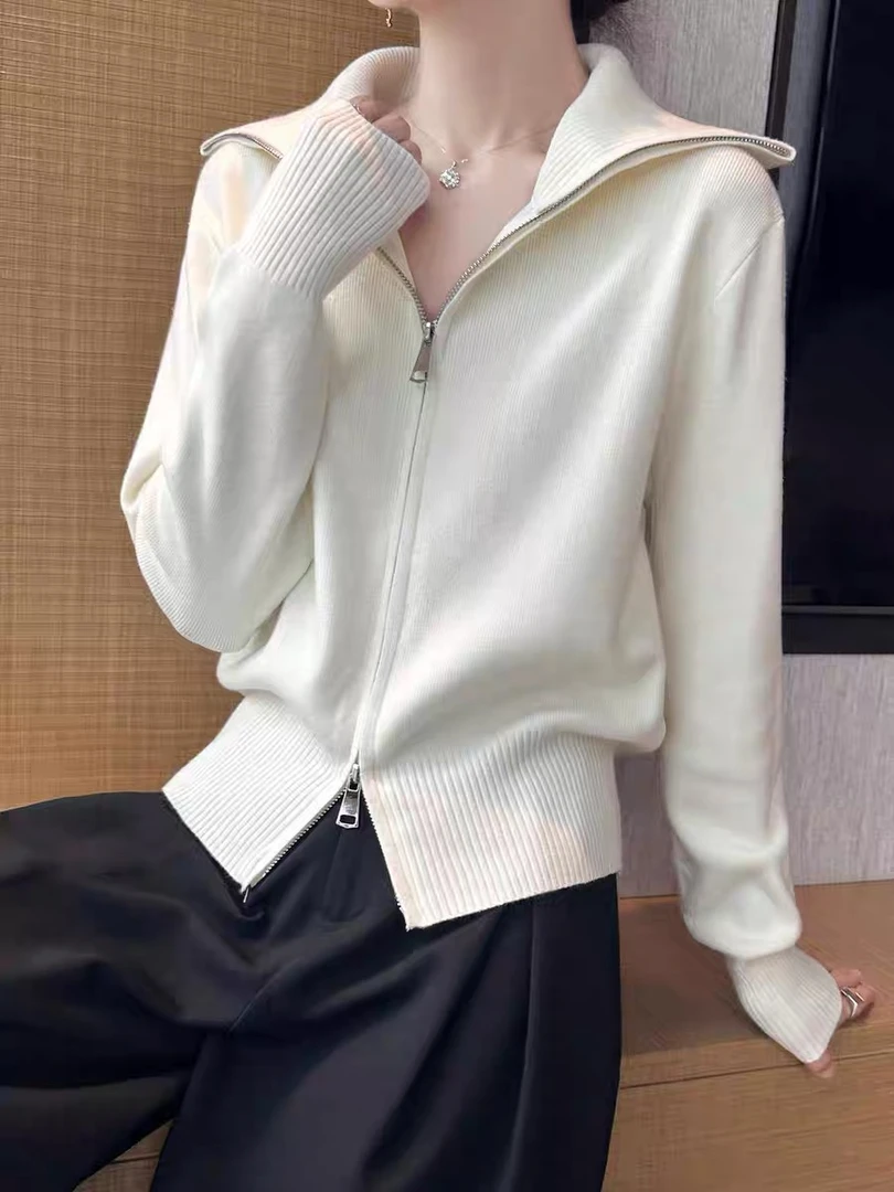 秋冬新款针织开衫女长袖拉链翻领毛衣