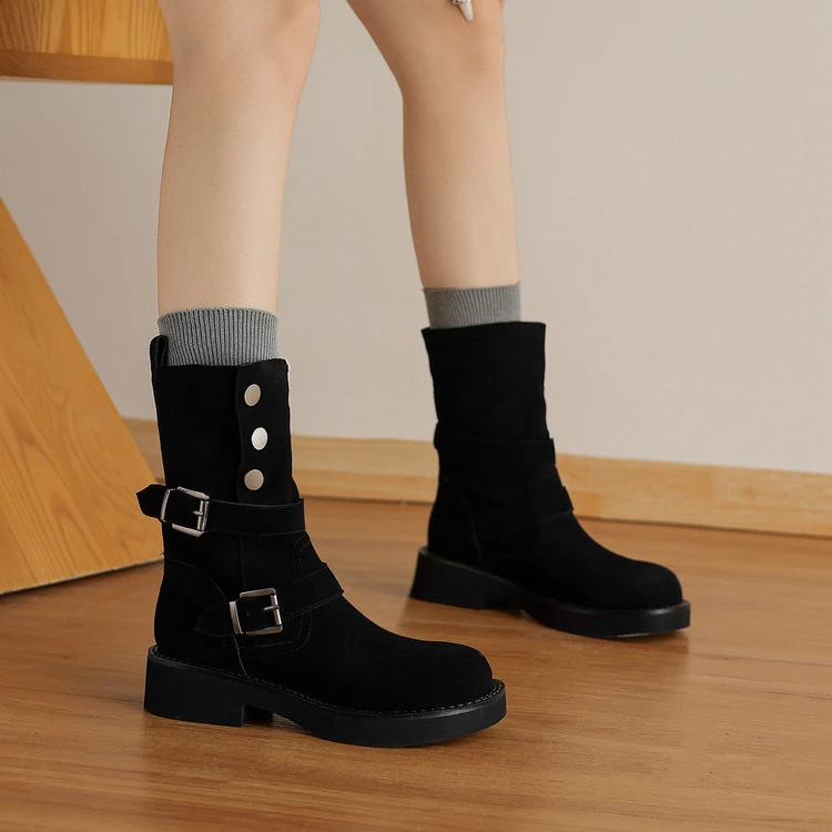 牛翻皮4cm～复古中跟厚底中筒短靴女复古时装靴秋冬韩版西部靴中筒