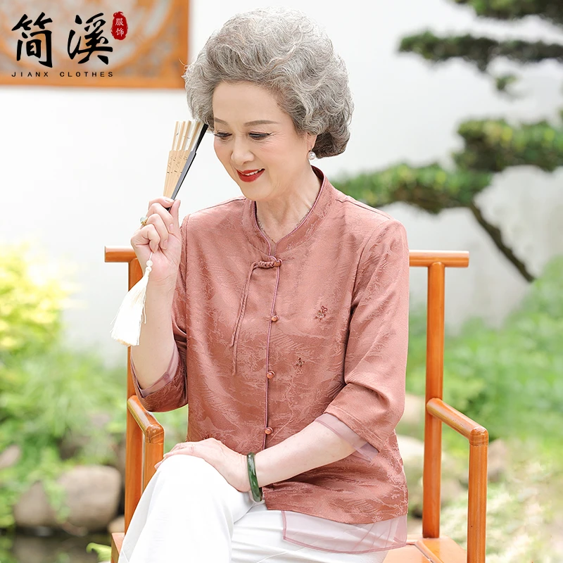 简溪奶奶夏装衬衫新款新中式国风女中老年人老太太气质妈妈装上衣