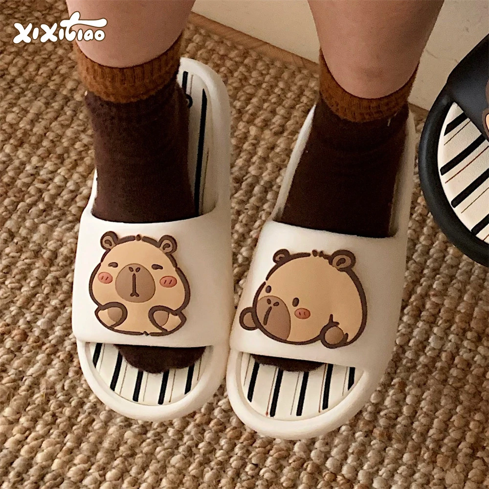 细细条 夏季新款撞色条纹情侣凉拖鞋呆萌卡皮巴拉水豚男女士拖鞋