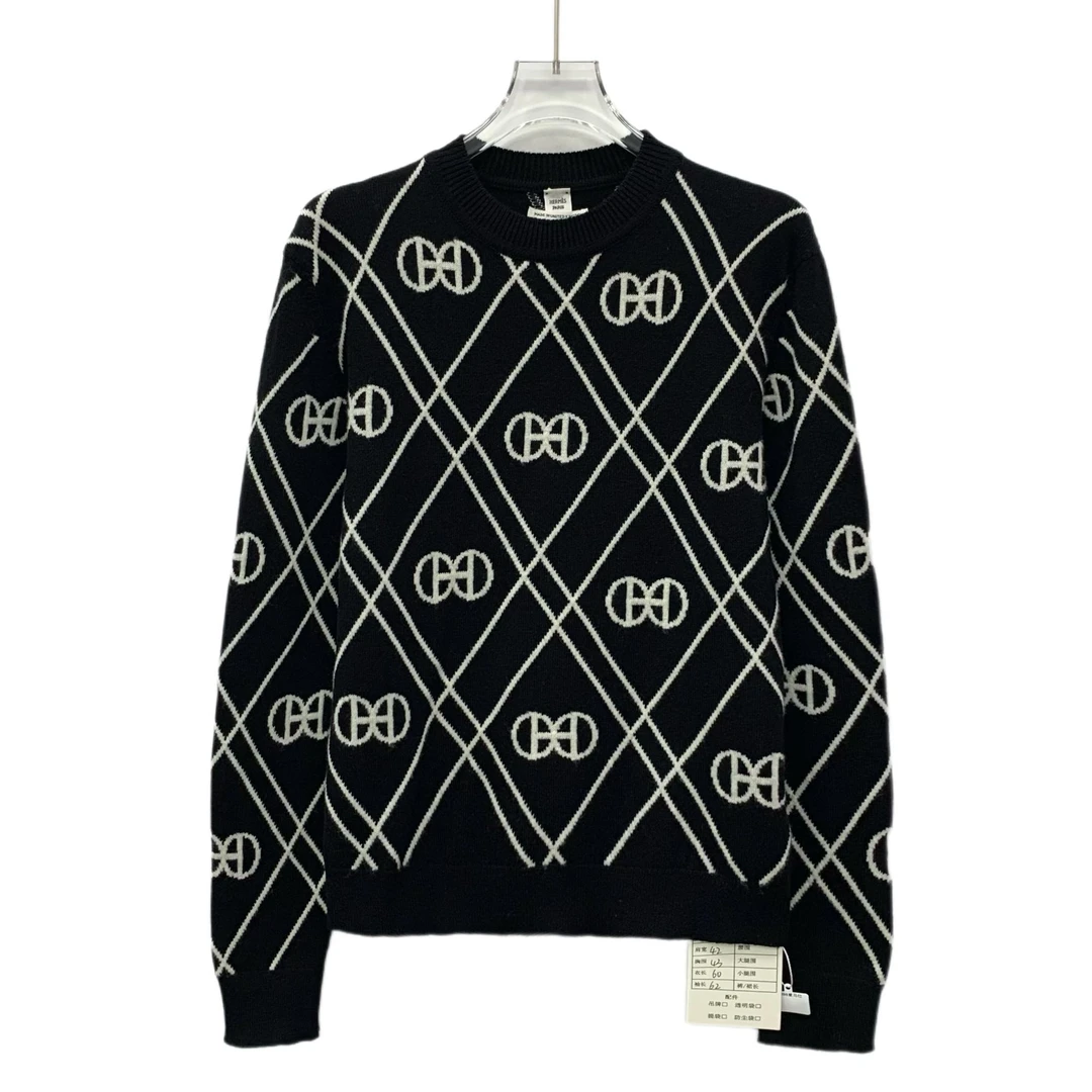 99新 Hermes/爱马仕 FM0098 黑色菱形logo满印圆领长袖针织毛衣