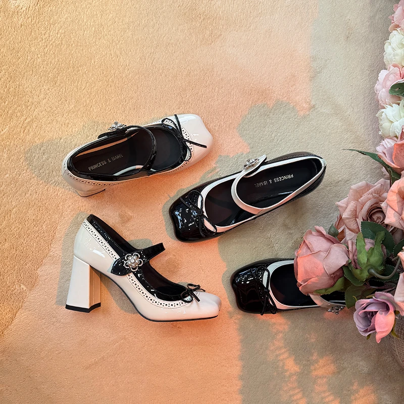 miu系复古漆皮玛丽珍鞋女2025新款单鞋粗跟浅口仙女风高跟小皮鞋