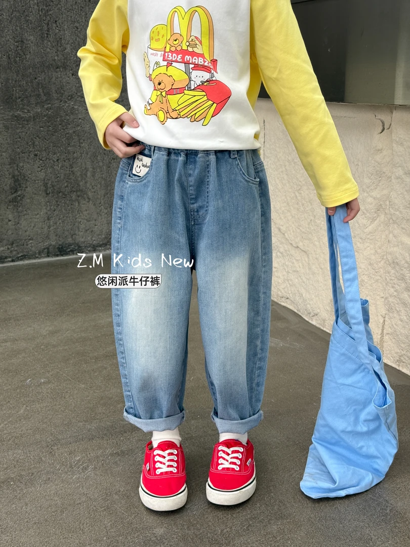 【悠闲派】2025春季韩版洋气百搭老爹笑脸男童女童牛仔裤H-19425