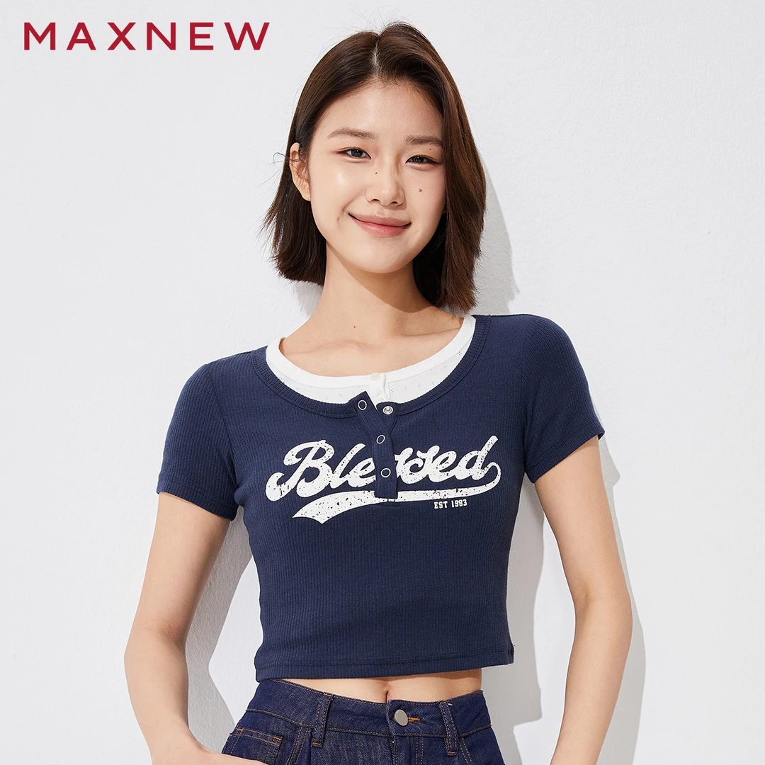 马恩MAXNEW女装2025夏季新款复古印花短袖T恤修身显1P2221241