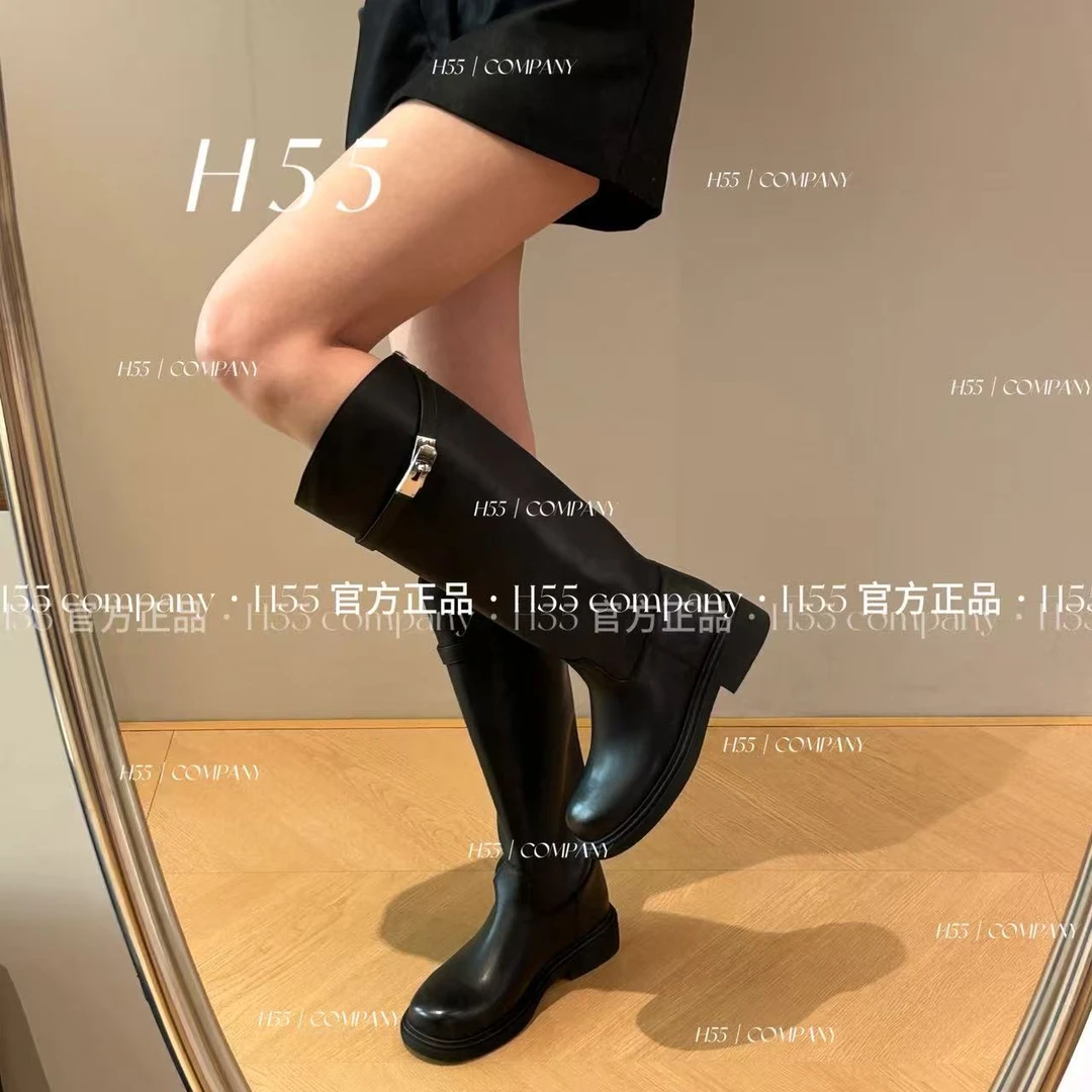 H55女鞋继承者帅气直筒靴马靴纯黑显瘦加绒骑士靴59-3063【X】