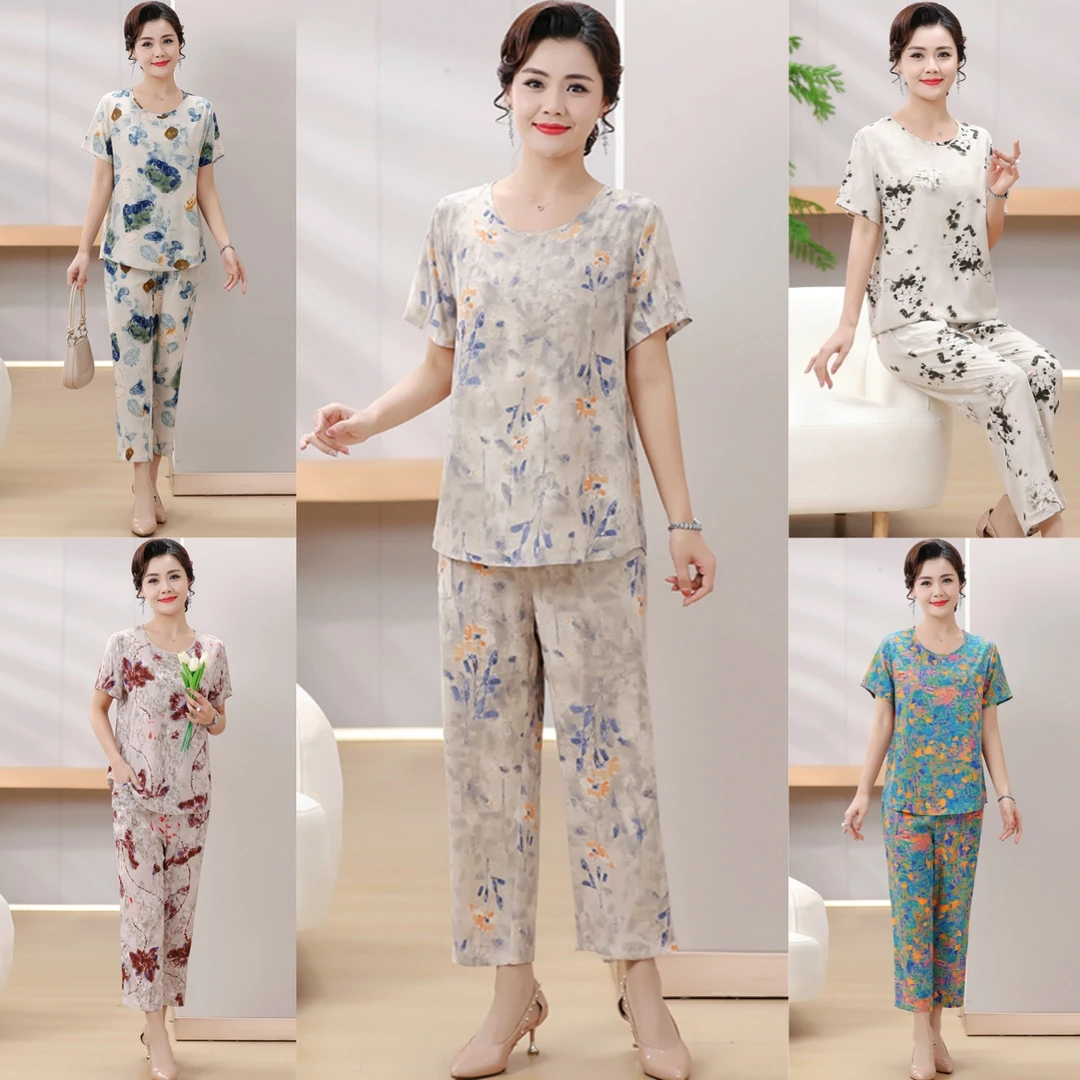 [短袖上衣+九分裤]妈妈装绵绸两件套夏季时尚透气宽松减龄套装