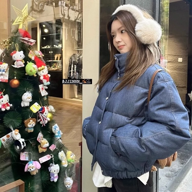 冬季新款韩版网红牛仔蓝立领短款棉服加厚保暖宽松百搭面包服外套