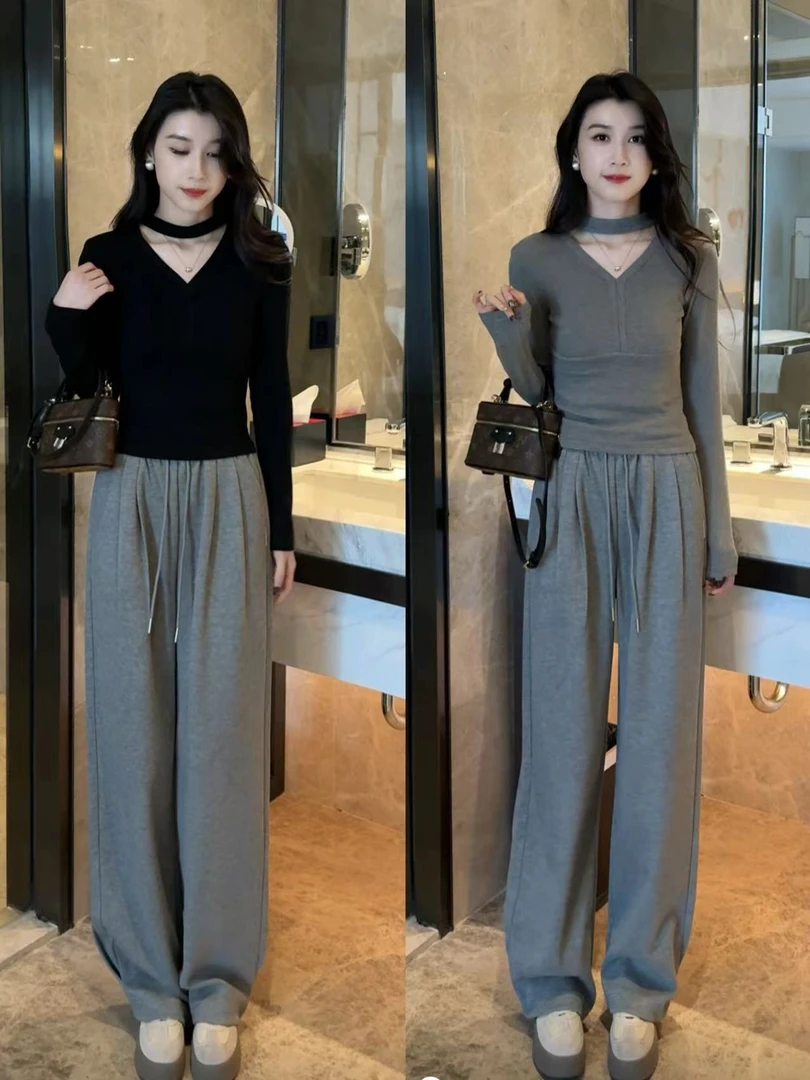 时尚V领长袖百搭修身上衣+休闲松紧腰显瘦阔腿裤两件套女