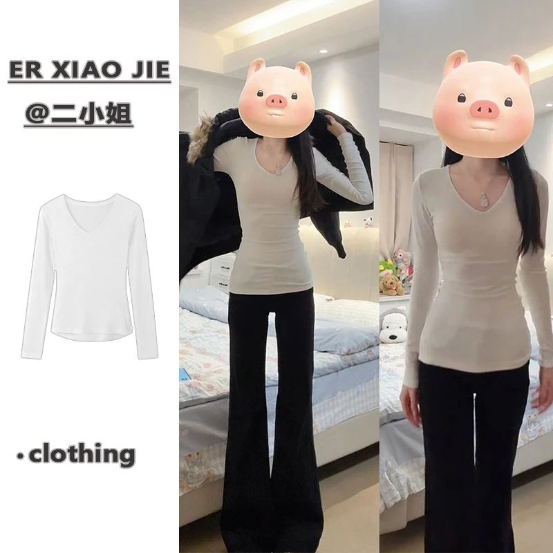纯棉白色v领基础款加绒加厚打底衫女修身显瘦长袖t恤短款秋冬上衣