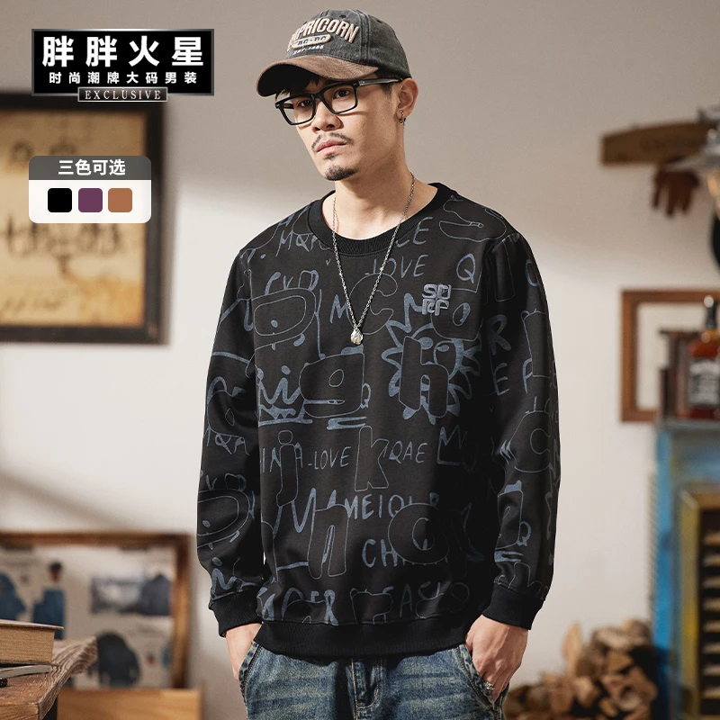 胖胖火星大码男装美式街头涂鸦圆领卫衣春季宽松休闲刺绣潮流上衣