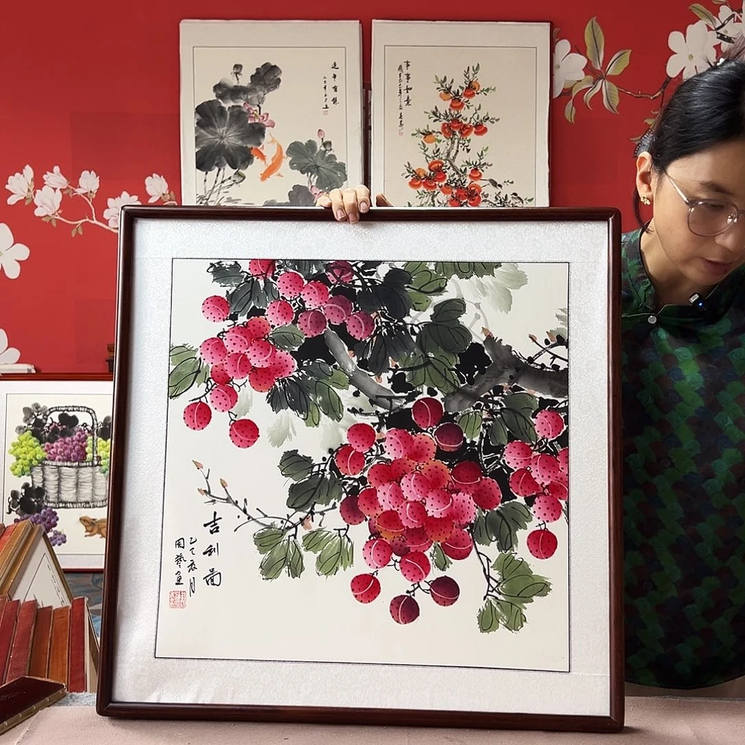 国画手写手绘国画作品带框包邮62✖️62