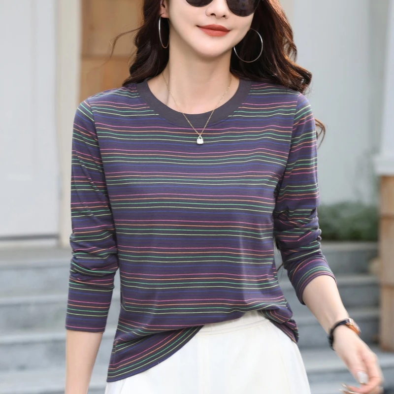 纯棉条纹t恤长袖女宽松显瘦遮肚2025新款秋季高级感圆领正肩上衣