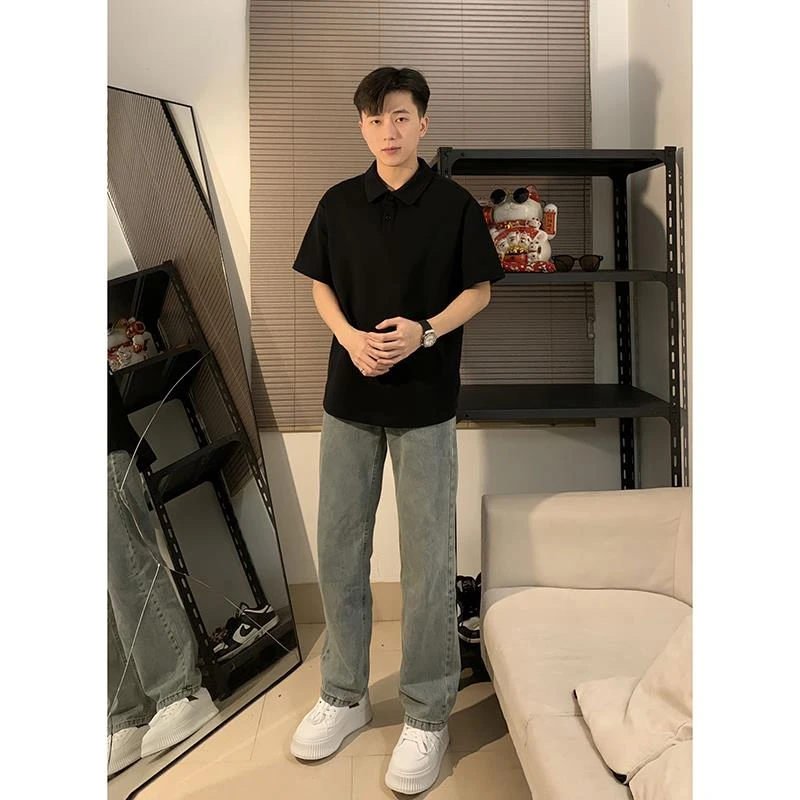 成熟稳重男装黑色短袖男士polo衫痞帅重磅poli领t恤夏季美式半袖