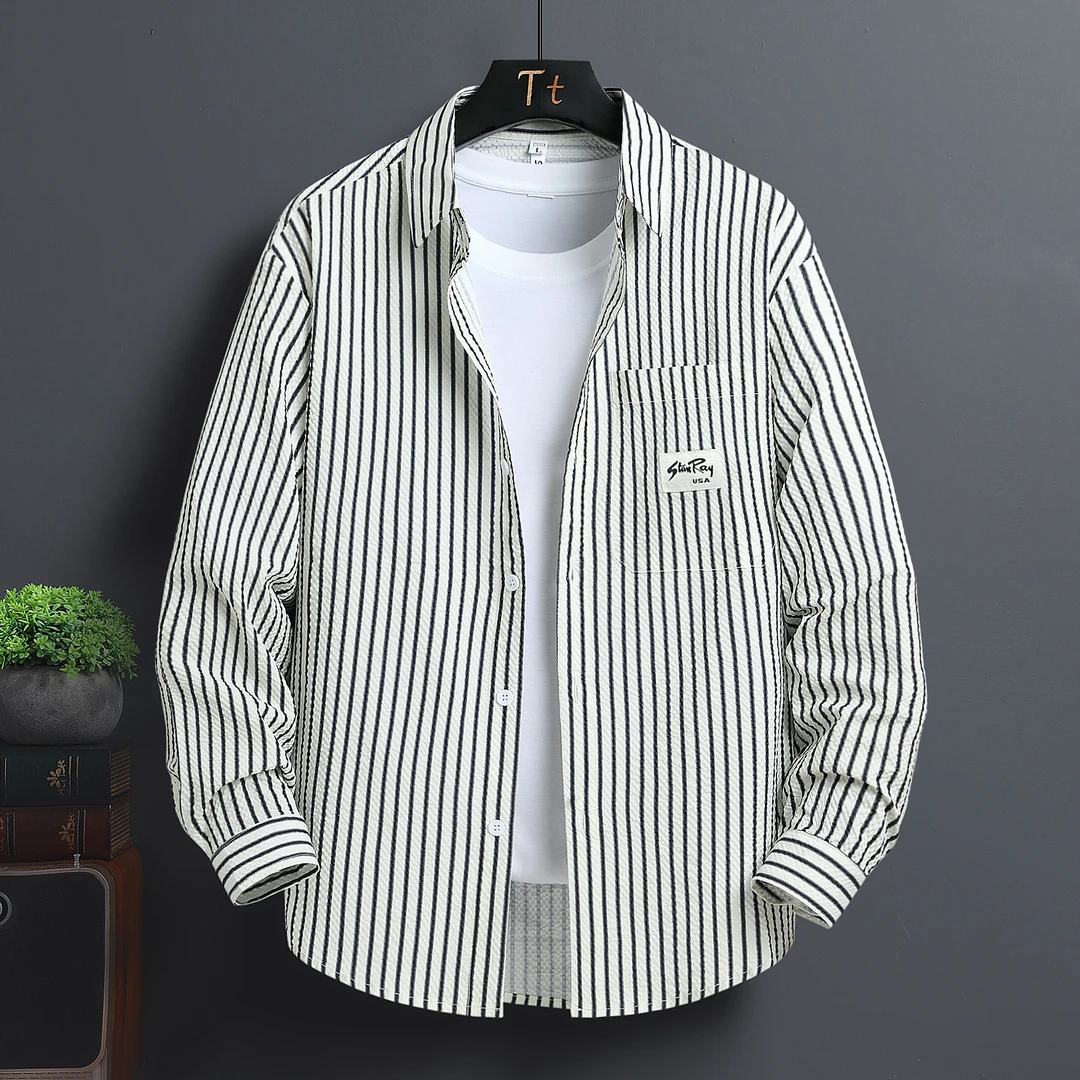 2025泡泡格上衣条纹衬衣秋季百搭款轻奢痞帅男装衬衫男士长袖衬衫